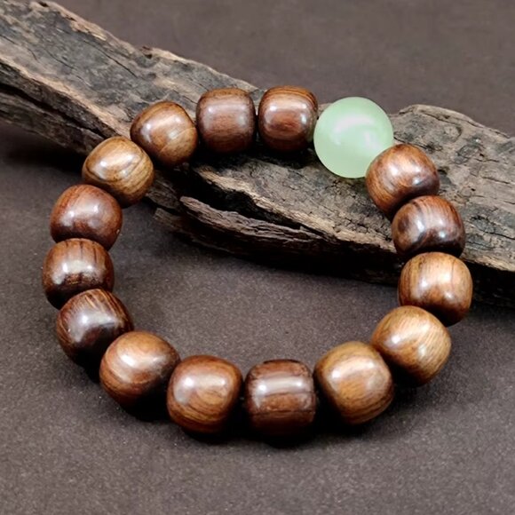 TIBETAN PRAYER BEADS BRACELET-Glow in Dark Jadeite Bead-Buddhist Mala-Ebony Wood - Picture 3 of 3